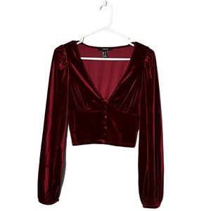 Forever 21 Women’s Burgundy Velvet Puff Sleeves V-neck Button Corset Crop Top